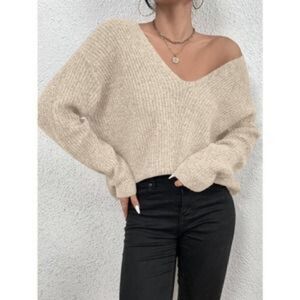 New V neck Drop Shoulder Ribbed Knit Sweater tan